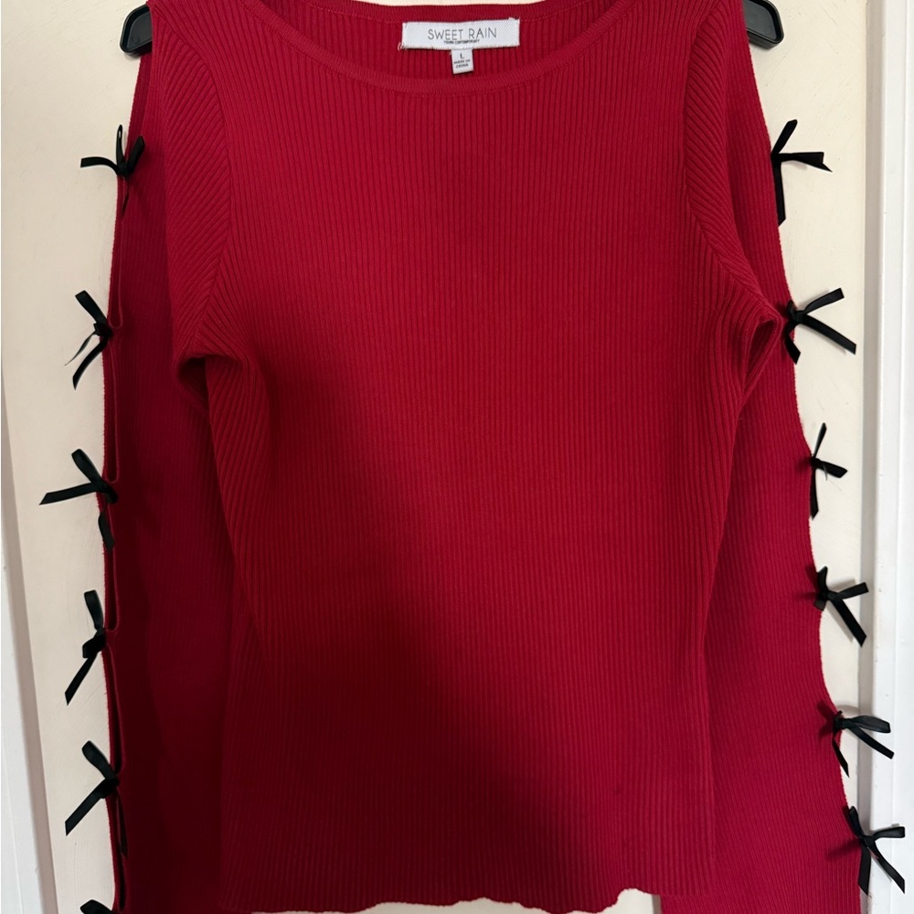 Red Sweater with Black Bow Accents